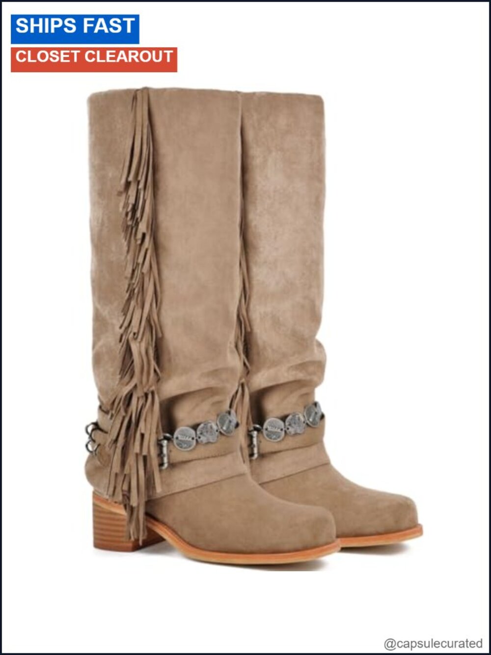 Knee High Riding Boots with Fringes Buckle Straps Chunky Heel Square Toe